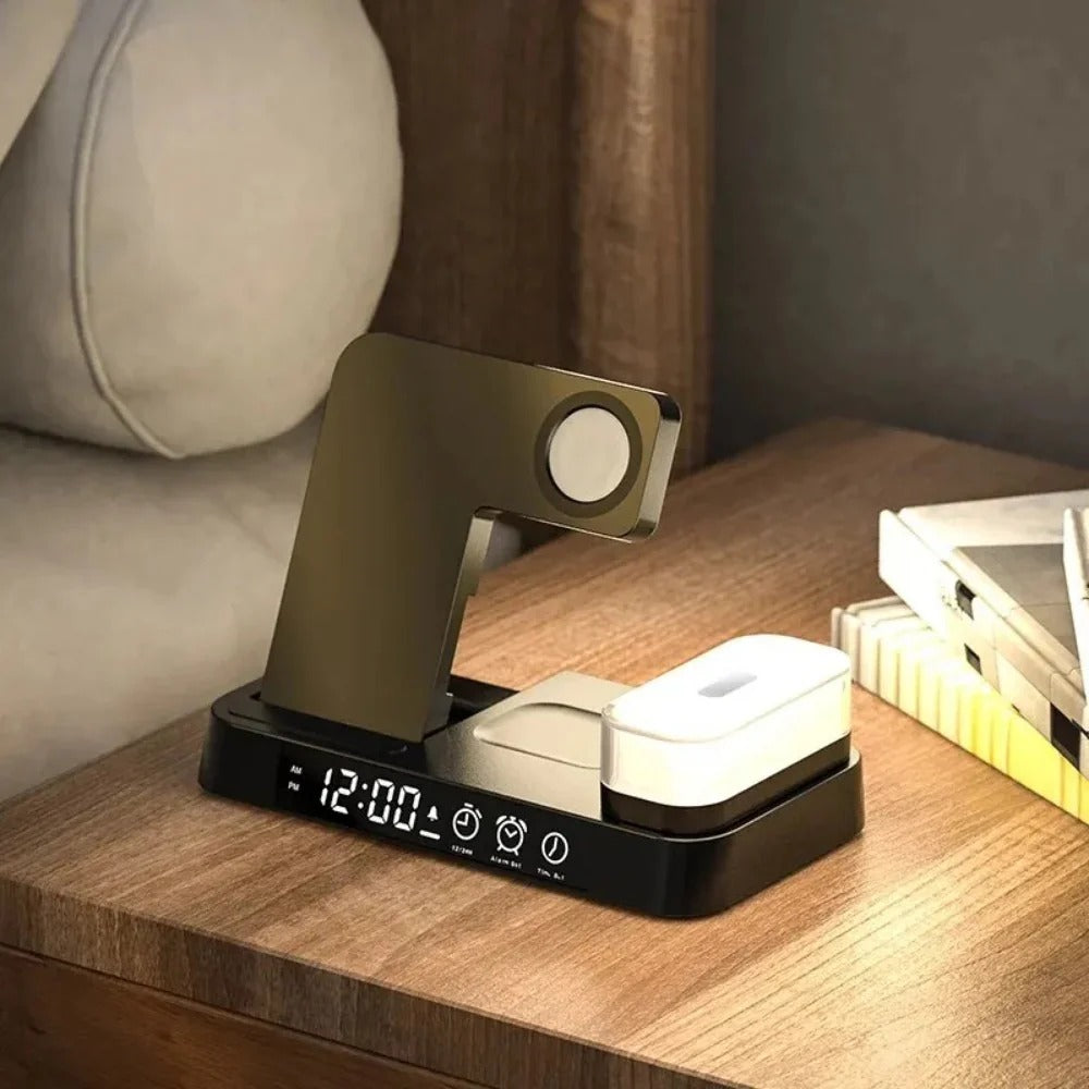 30W 3-in-1 Wireless Charger Stand with Alarm Clock & Night Light for iPhone and Samsung Devices