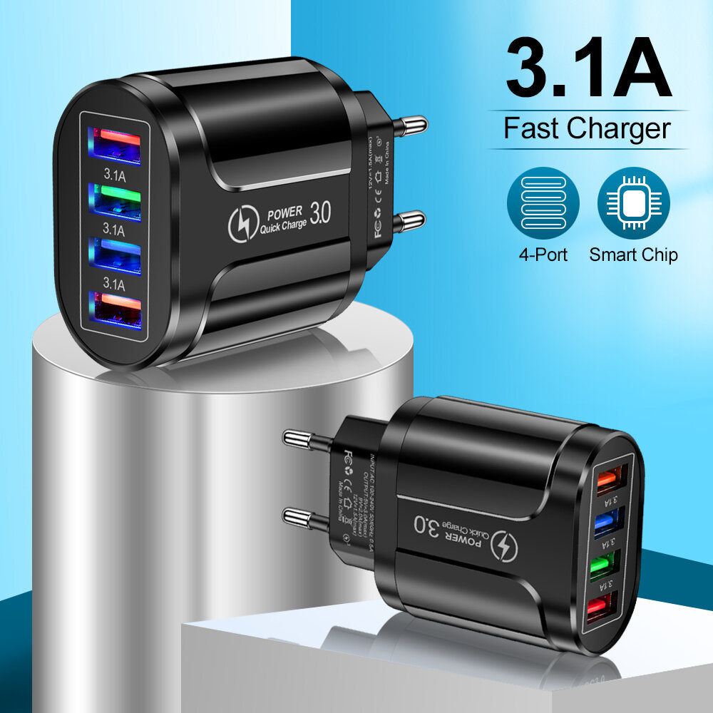 4-Port USB Fast Charger QC3.0 Wall Adapter - EU/US/UK Plug for iPhone, Samsung, Xiaomi