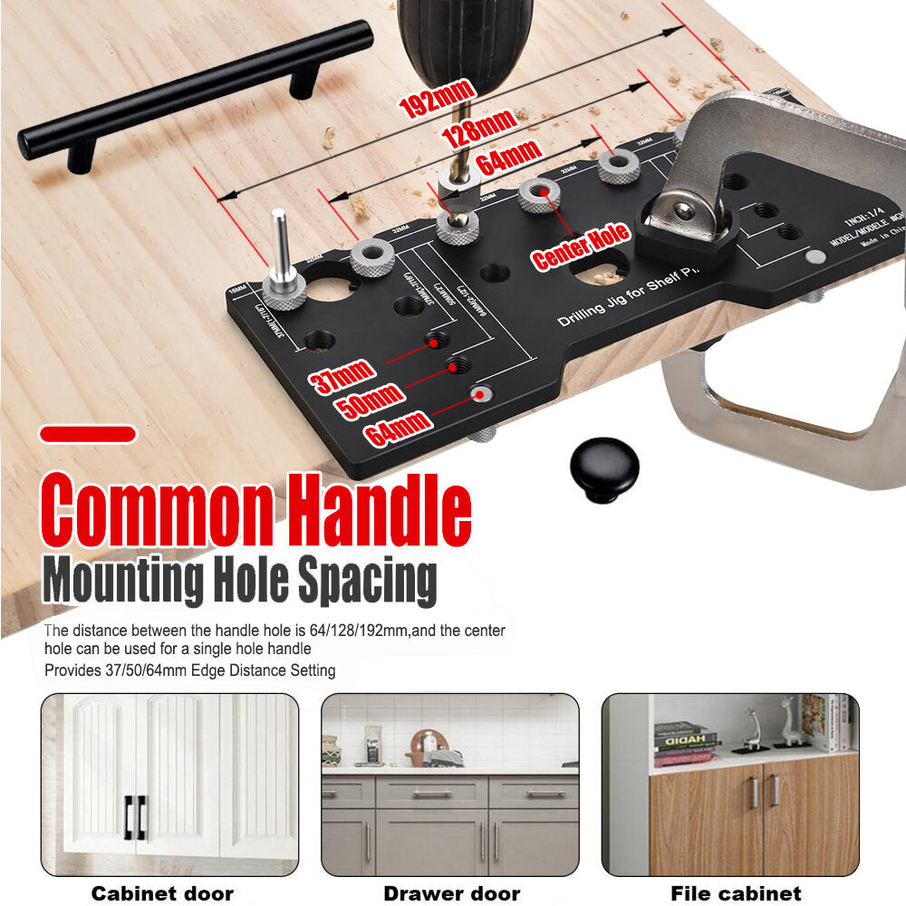 Adjustable Aluminum Alloy Cabinet Hardware Jig with 2 PCS 1/4 Inch Drill Bits - Woodworking Shelf Pin & Pocket Hole Guide