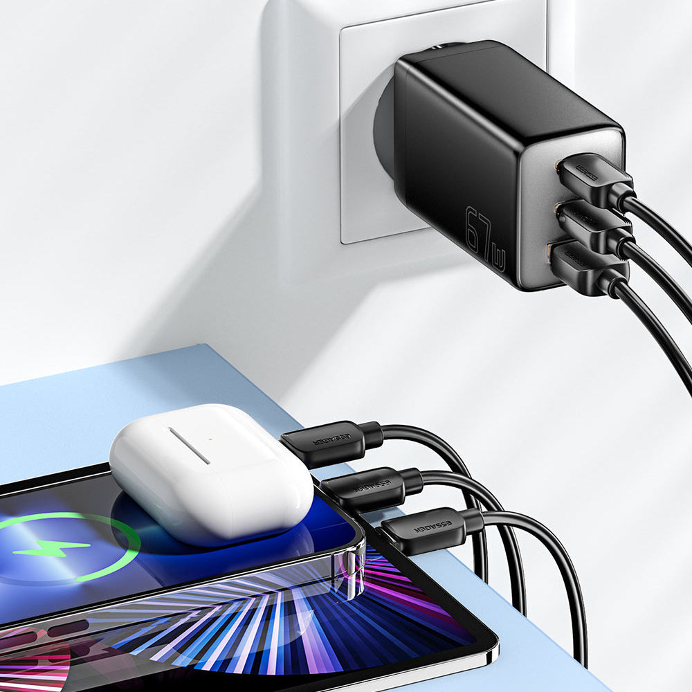 67W GaN 3-Port USB PD Ladegerät: Schnellladeadapter mit 2 USB-C &amp; 1 USB-A für iPhone, Xiaomi, Huawei, Samsung