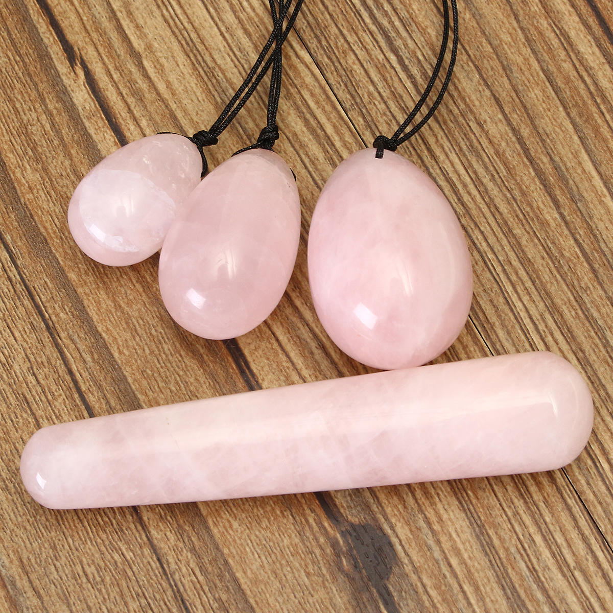 3Pcs Natural Rose Quartz Yoni Eggs & 100mm Kegel Exercise Massage Stick Manual Massager