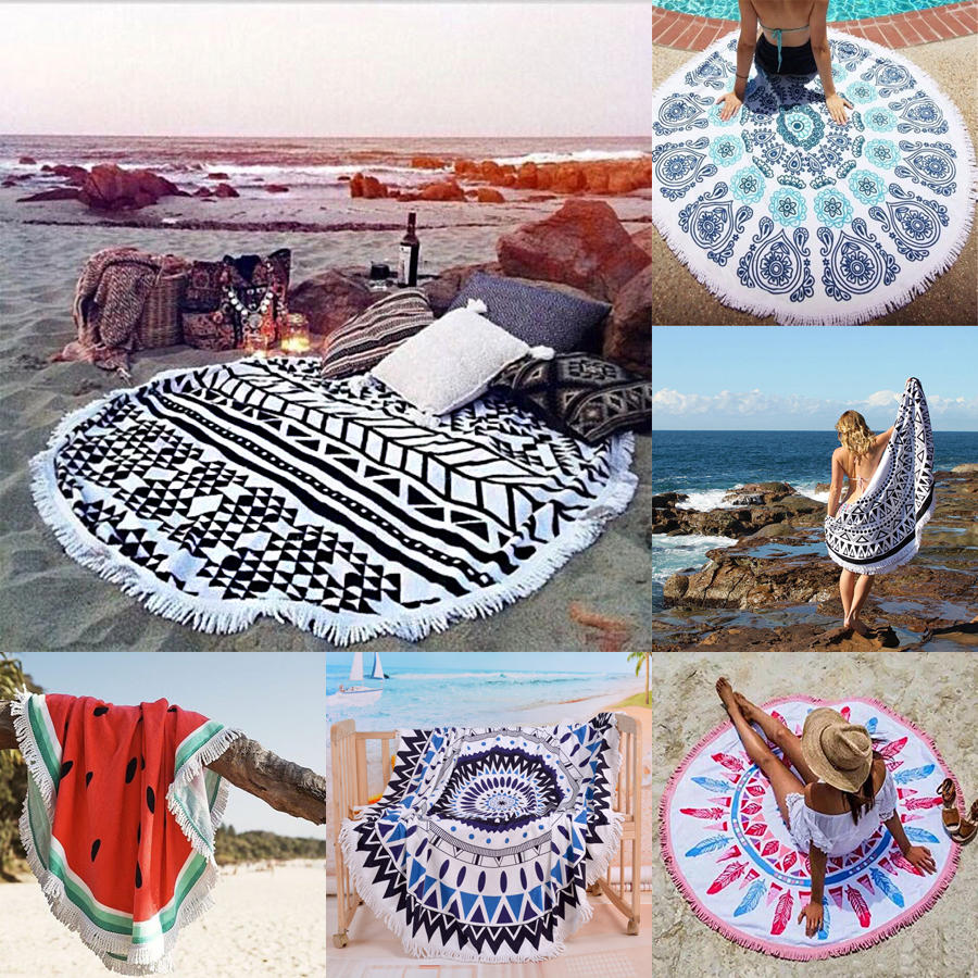 150cm Pure Cotton Round Beach Towel, Yoga Mat, Bed Sheet, Tapestry, Tablecloth - Cut Pile Printing