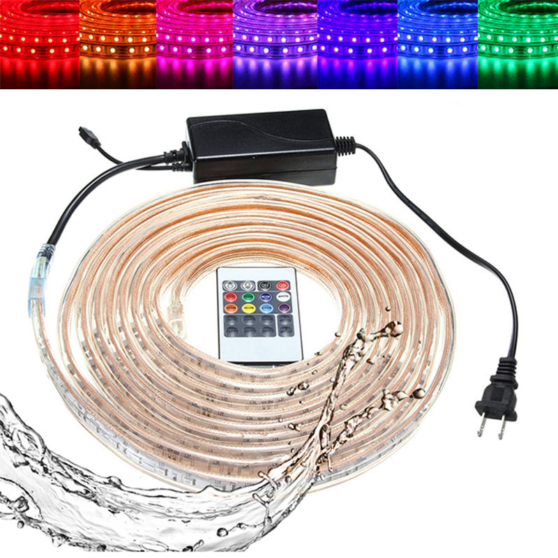 10/15M SMD5050 LED RGB Waterproof Outdoor Strip Light with Plug & Remote Control AC110V