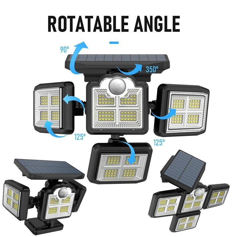 192/198 LED COB Solar Lights - 4 Head Motion Sensor, 270 Degree Wide Angle, Waterproof, Remote Control, Outdoor Garden Wall Lamp