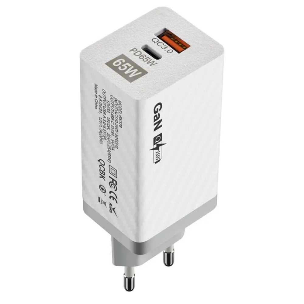 GaN Tech PD65W Schnellladegerät, 2-Port USB-C+USB-A, EU-Stecker für iPhone, Huawei, Samsung, Xiaomi