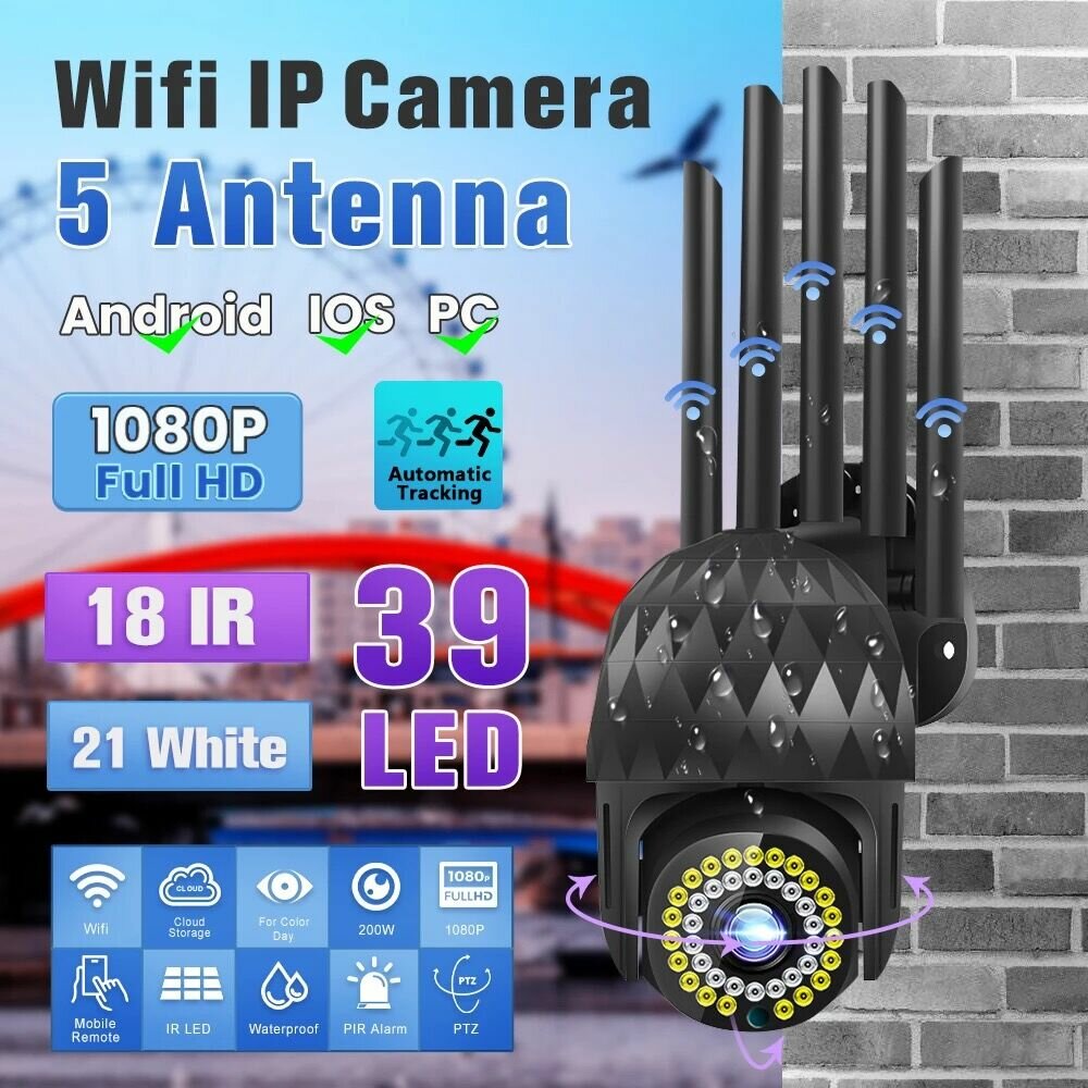 1080P Outdoor PTZ IP Camera, 39 LED, 5X Zoom, Two-Way Audio, WiFi, Waterproof, Night Vision, CCTV Video Surveillance