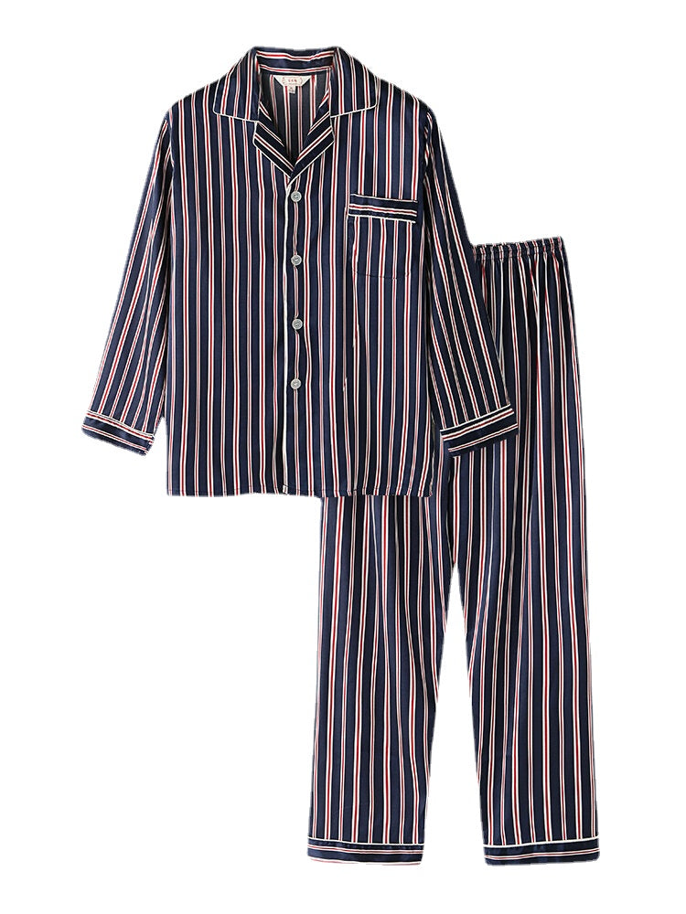 Classic Stripe Revere Collar Long Sleeve Elastic Waist Ice Silk Pajama Set for Home Casual Wear