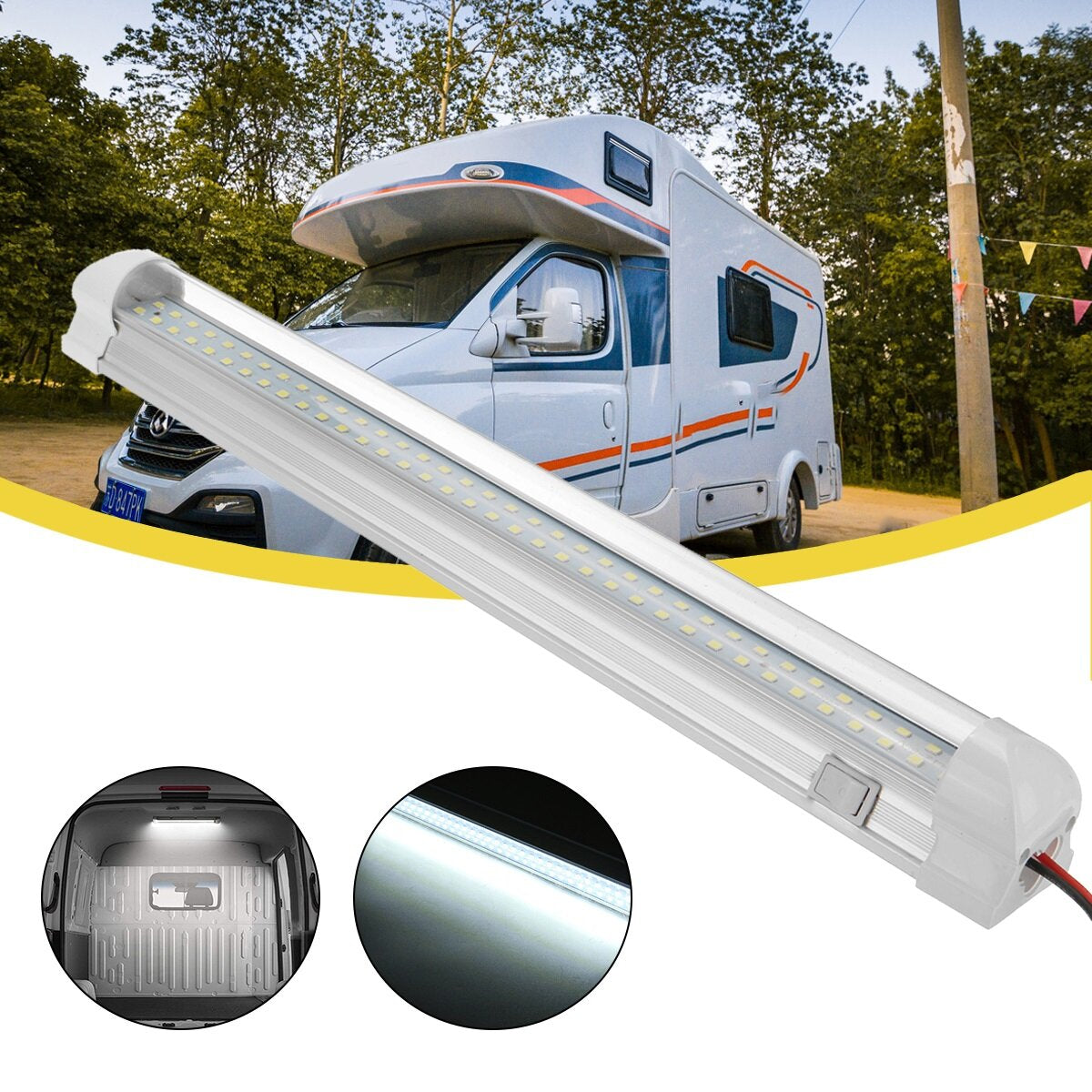 12V-85V 72 LED Car Interior Light Strip Bar with ON/OFF Switch - 33cm for Van, Bus, Caravan, Truck