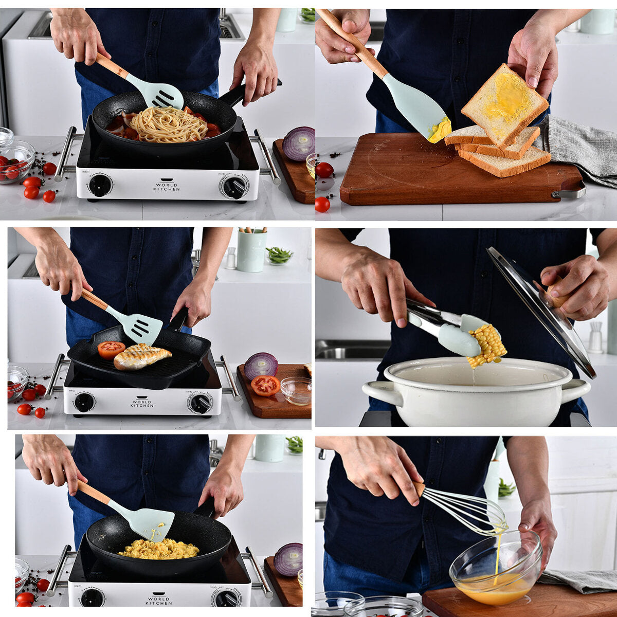 12pcs Wooden Silicone Kitchen Utensil Set - Nonstick Cooking Tools: Spoon, Ladle, Turner, Spatula, Tongs, Baking Gadgets