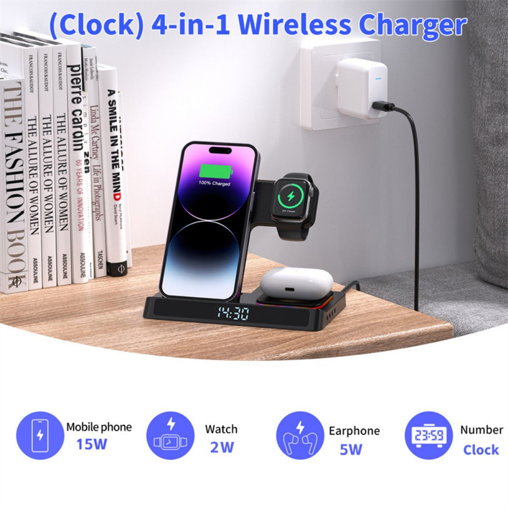 15W Wireless Foldable Charger with Digital Clock for iPhone, Xiaomi, Huawei, Apple Watch, AirPods