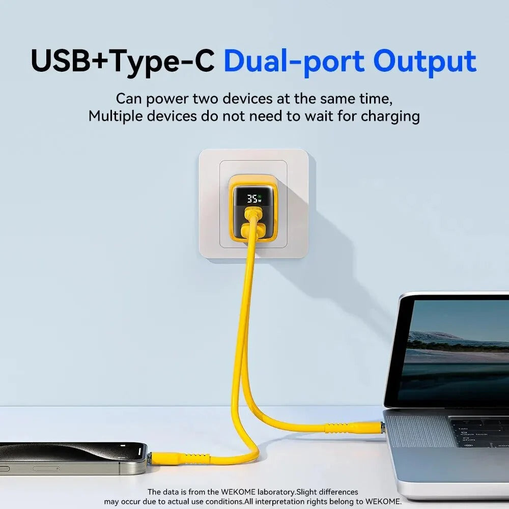 35 W GaN USB PD-Ladegerät, 2-Port USB-A/USB-C, Schnellladung, Digitalanzeige, EU-Stecker