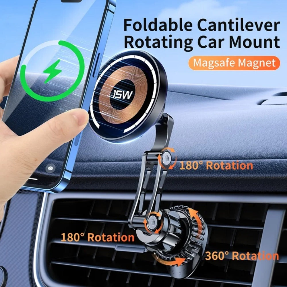 15W Magnetic Car Wireless Charger with 360 Degree Rotation Stand for iPhone & Samsung