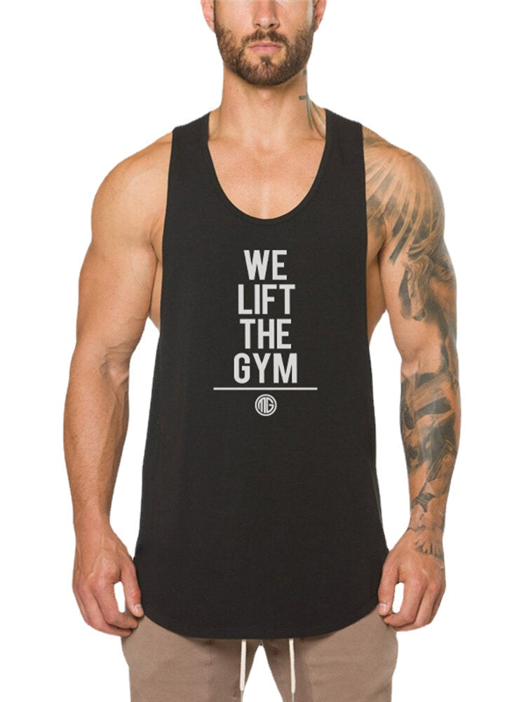 Atmungsaktive ärmellose Fitness-Tanktops aus Baumwolle für Herren – 5 Farben, Textdruck