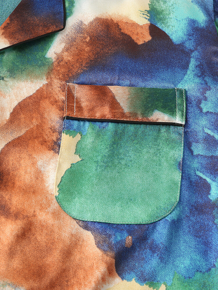 Mehrfarbiges, langärmliges Pyjama-Set mit Batikmuster und Reverskragen für Herren