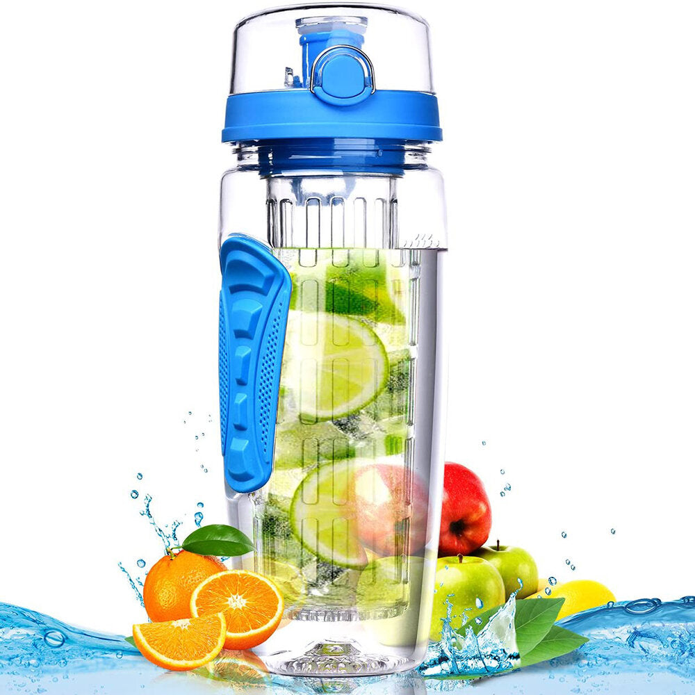 1L Sport Fruit Infuser Water Bottle with Dual Grips and Flip Top Lid for Office and Home