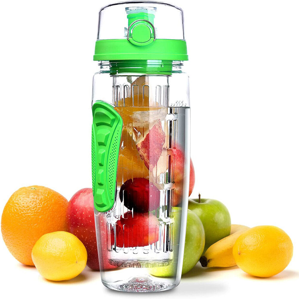 1L Sport Fruit Infuser Water Bottle with Dual Grips and Flip Top Lid for Office and Home