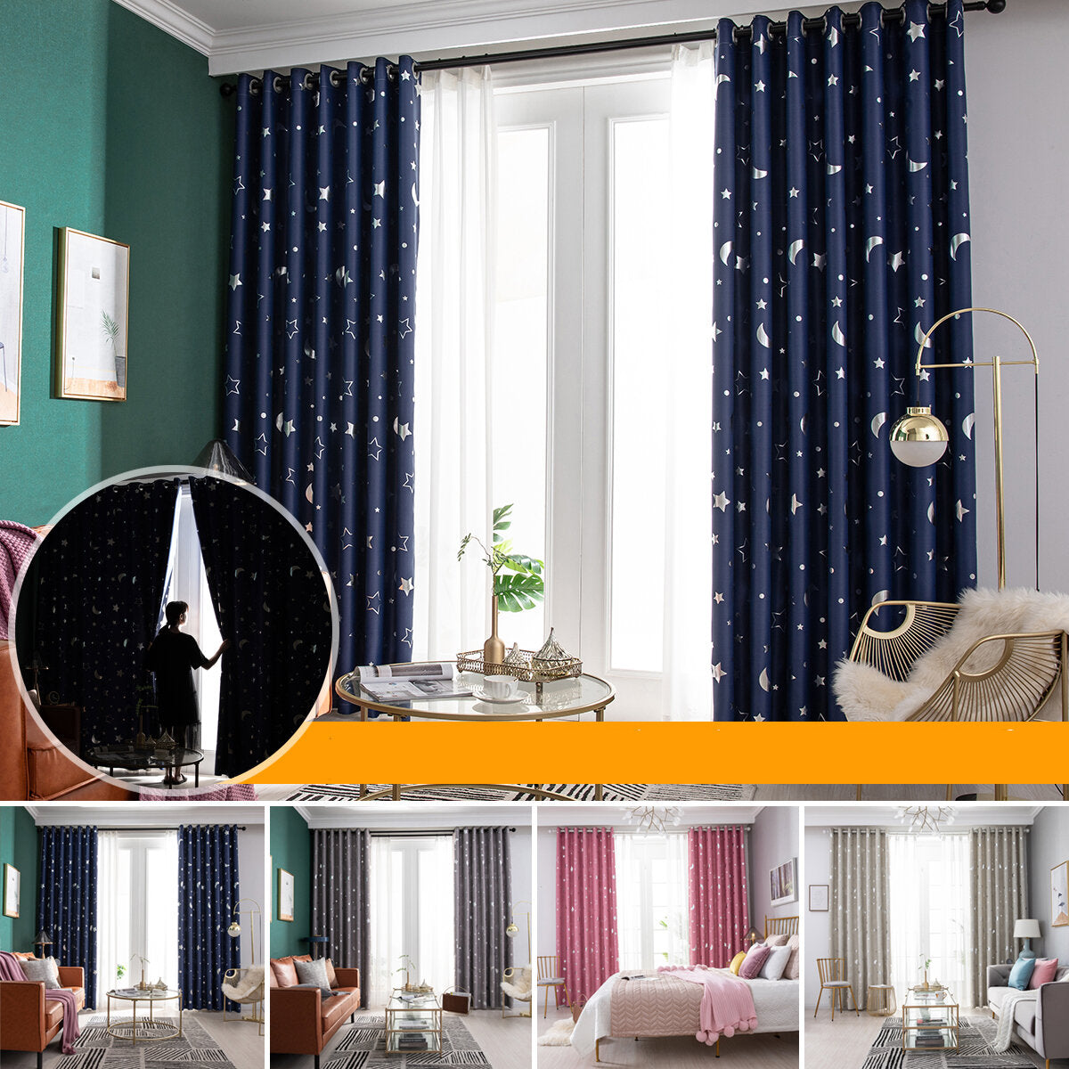 Polyester Moon Star Kids Bedroom Curtains - Window/Door Curtains for Living Room Home Decor