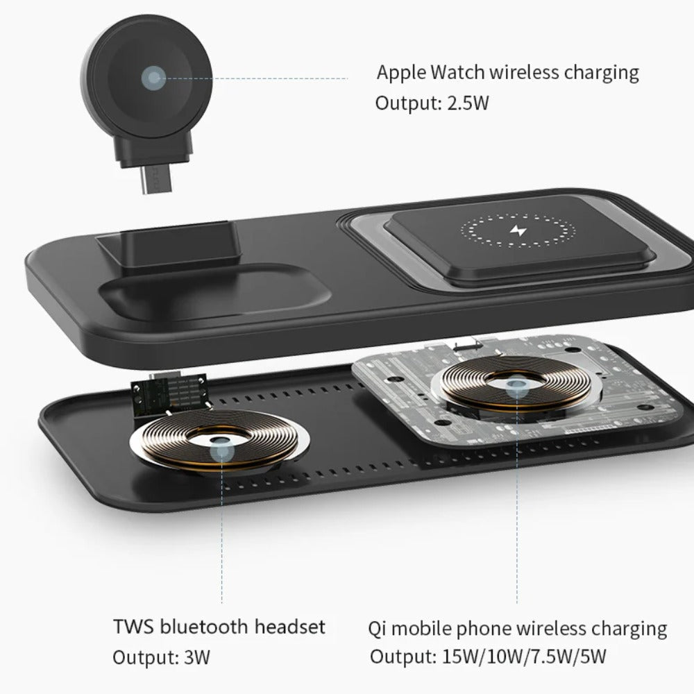 3-in-1 15W Wireless Charger Stand: Fast Charging for iPhone, Apple Watch, and Earphones