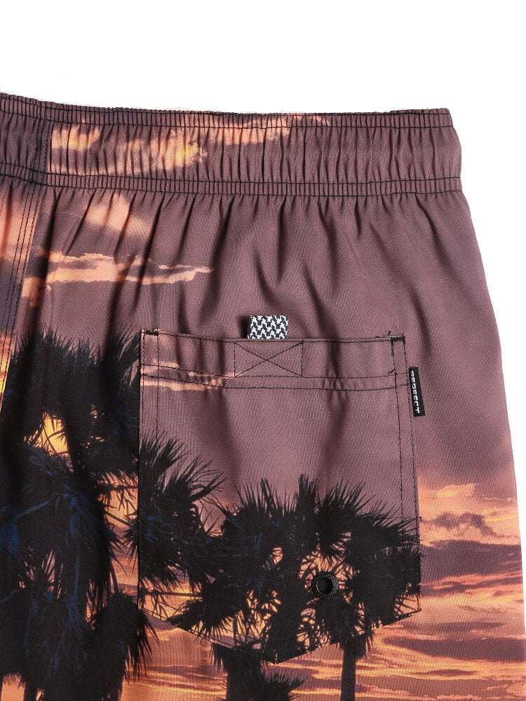 Lockere Boardshorts für Herren mit Strandlandschafts-Print und Kordelzug in der Taille