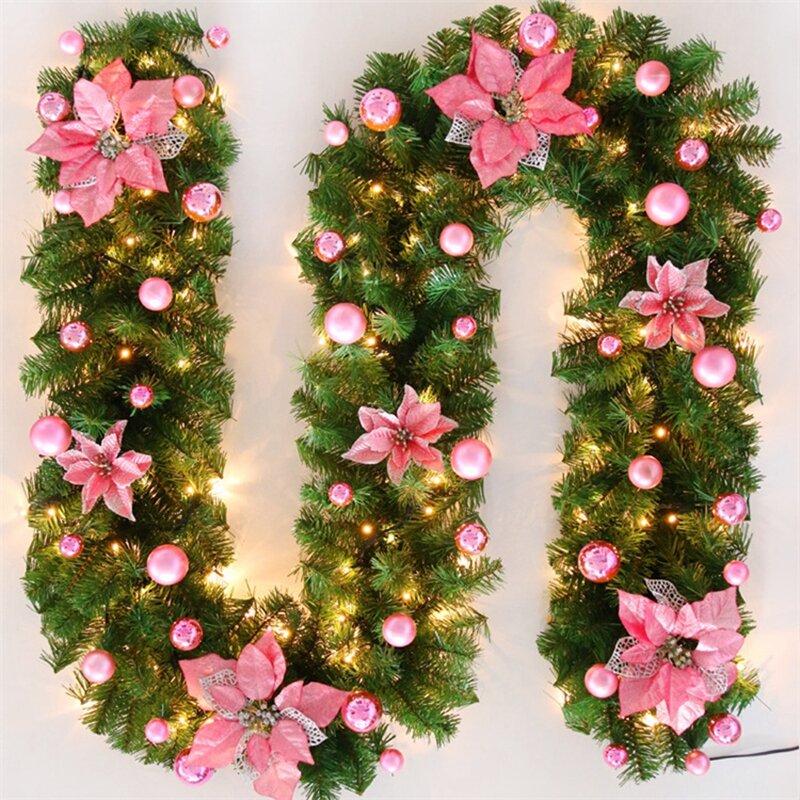 2.7M LED Christmas Rattan Garland - Green Artificial Xmas Tree Decoration Wreath