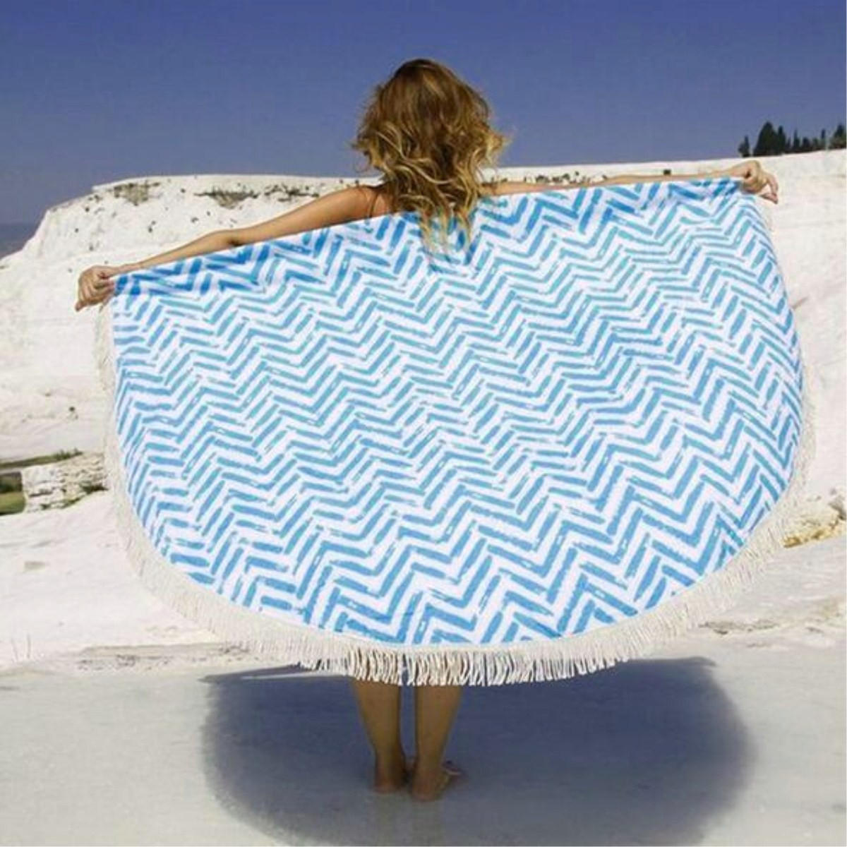 150CM Cotton Blue Stripe Round Beach Towel with Tassels - Summer Blanket, Fitness, Yoga Mat