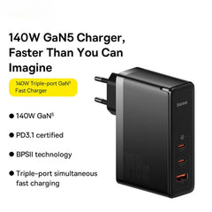 GaN5 Pro 140W 3-Port USB PD Charger with 240W Type-C Cable - Fast Charging Adapter