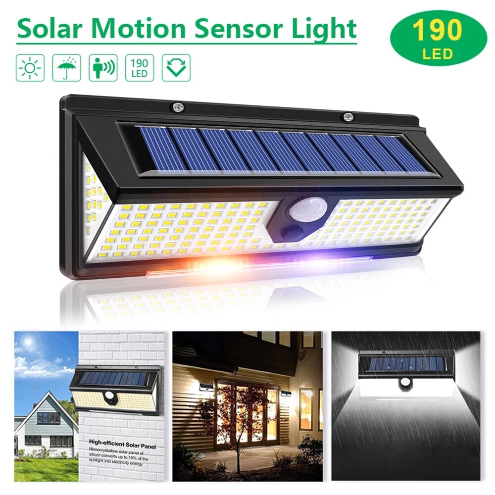 190 LED Solar Lights Outdoor with PIR Motion Sensor, Waterproof Solar Powered Lamp for Courtyard, Garden, Yard