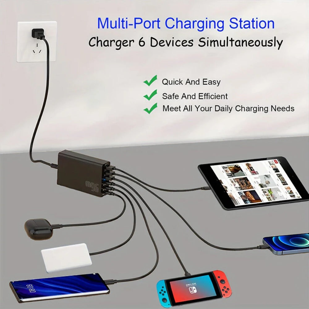 6-Port USB PD Charger: 3 USB-C & 3 USB-A, Fast Charging Station for iPhone, Huawei, Samsung, Oppo