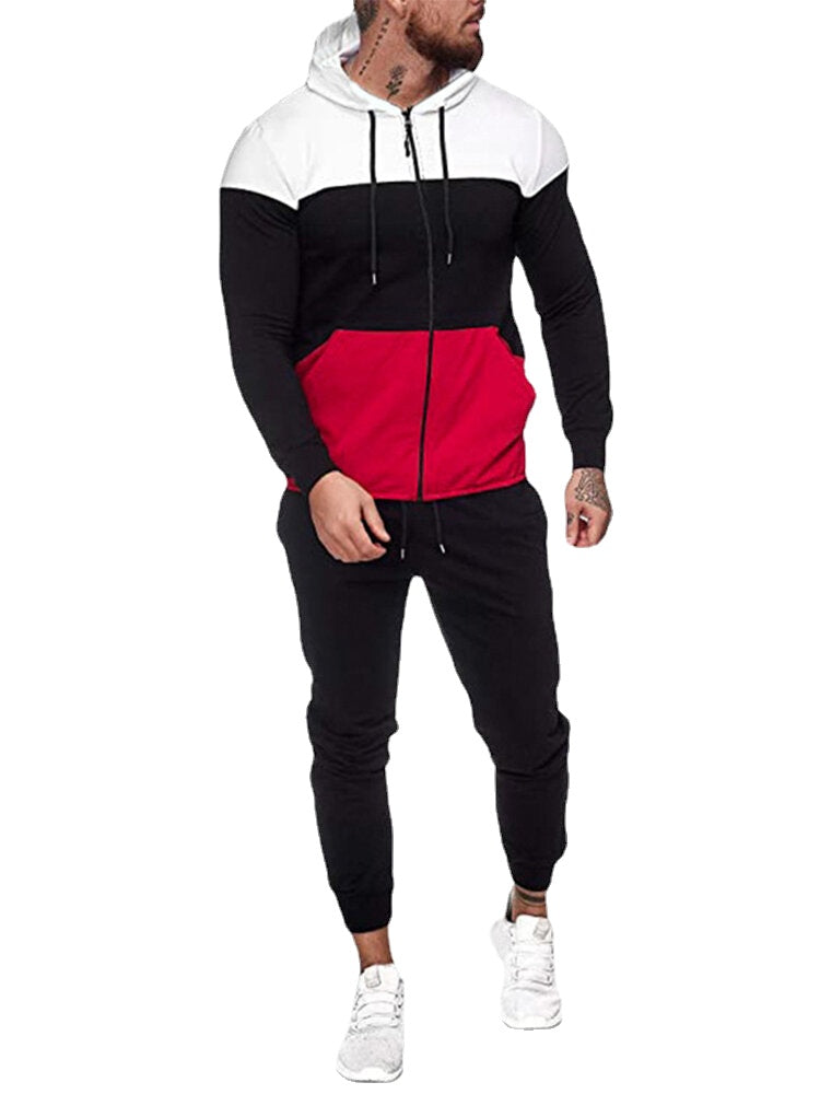 Men's Tricolor Patchwork Hoodie Jacket & Jogger Pants Sport Two-Piece Set