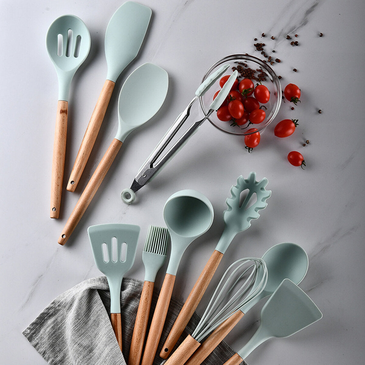 12pcs Wooden Silicone Kitchen Utensil Set - Nonstick Cooking Tools: Spoon, Ladle, Turner, Spatula, Tongs, Baking Gadgets