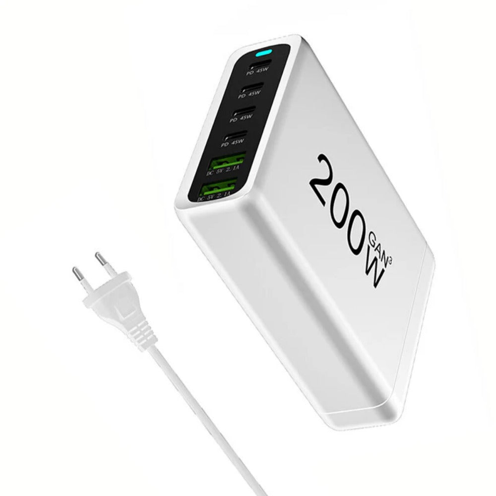 200W 6-Port GaN USB PD Charger, 2 USB-A + 4 USB-C Fast Charging Station, EU Plug