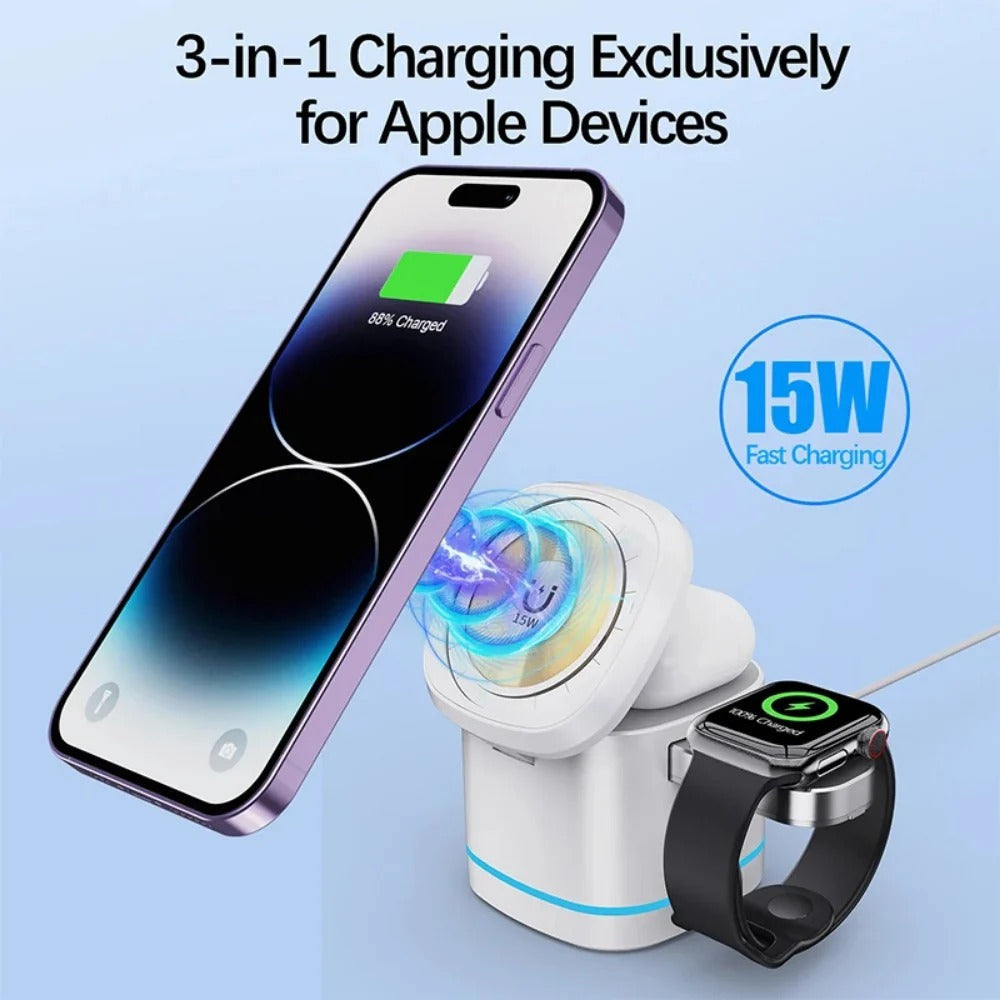 3-in-1 Magnetic 15W Wireless Charger Stand for iPhone 14/13/12, AirPods, Watch Series 8/SE