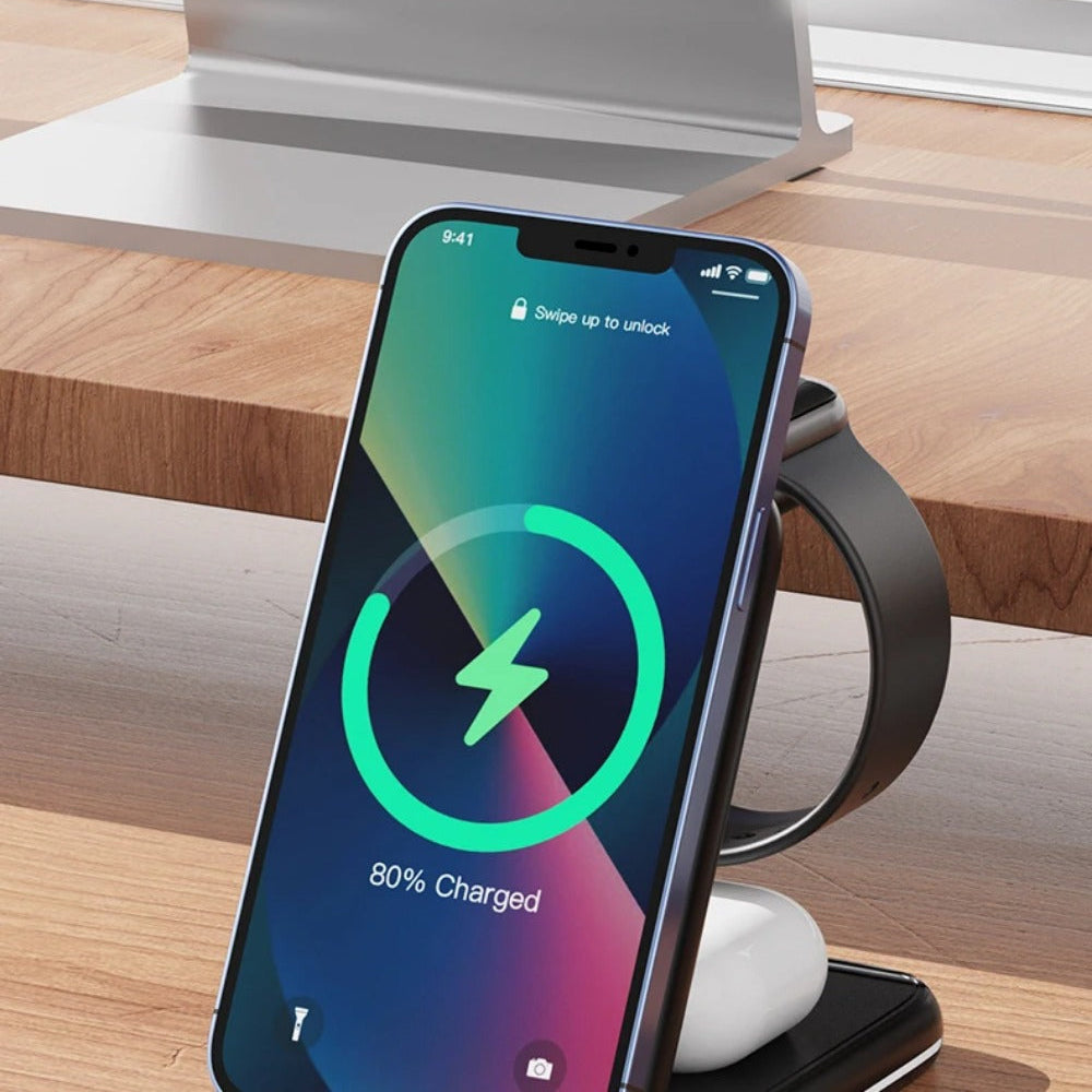 Faltbarer kabelloser 3-in-1-Ladeständer für iPhone, Apple Watch, AirPods Pro – 15 W Schnellladung