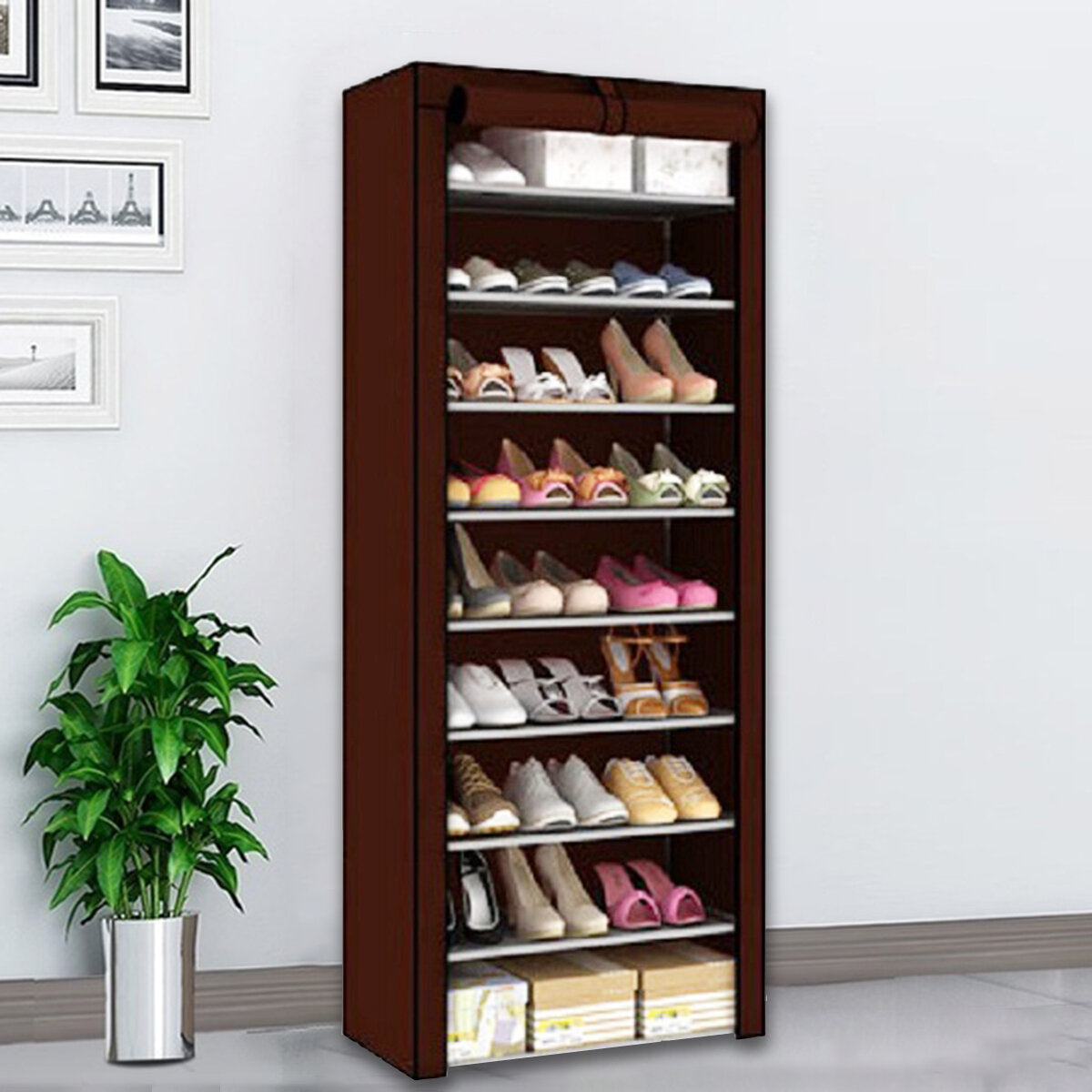 10-Tier Shoe Rack with 9 Lattices, Storage Closet Organizer Cabinet, Dust Cover Included