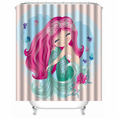 Pink Mermaid Shower Curtain - Waterproof Fabric, 12 Hooks, Cartoon Mermaid Wave Fish Design for Kids & Adults Bathroom Decor