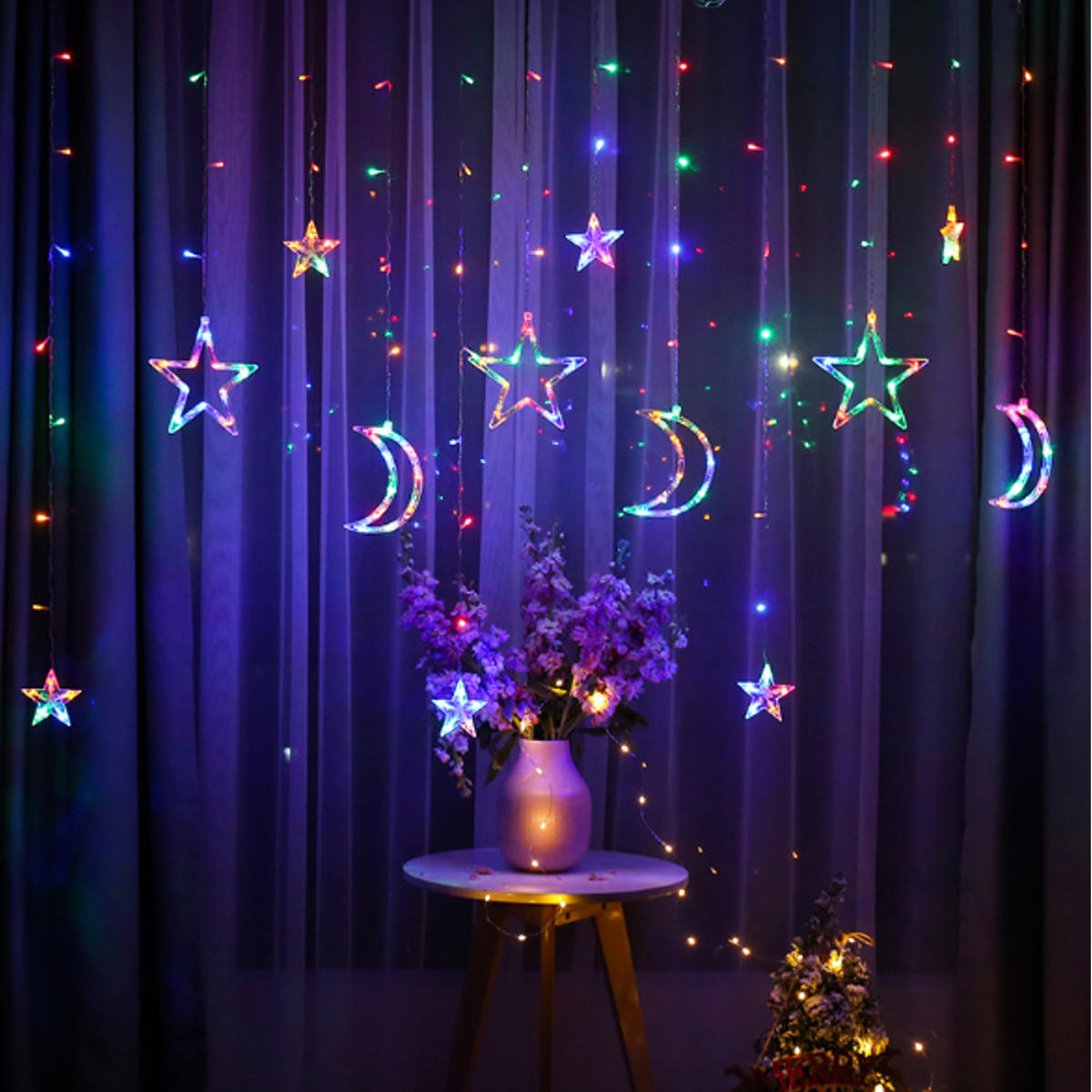 2.5M 3.5M USB LED Moon Star Curtain Fairy String Lights for Christmas, Bedroom, Romantic Decor