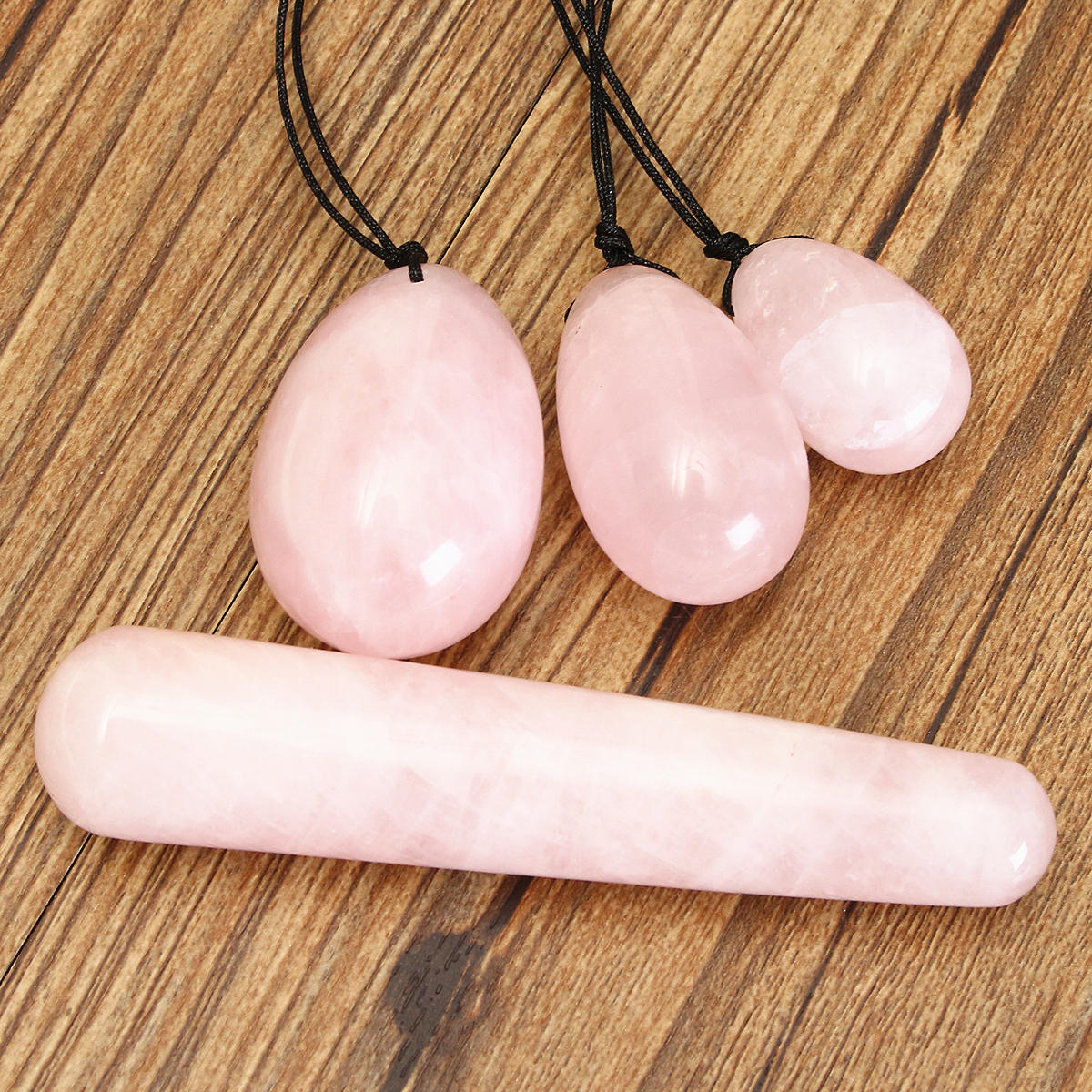 3Pcs Natural Rose Quartz Yoni Eggs & 100mm Kegel Exercise Massage Stick Manual Massager