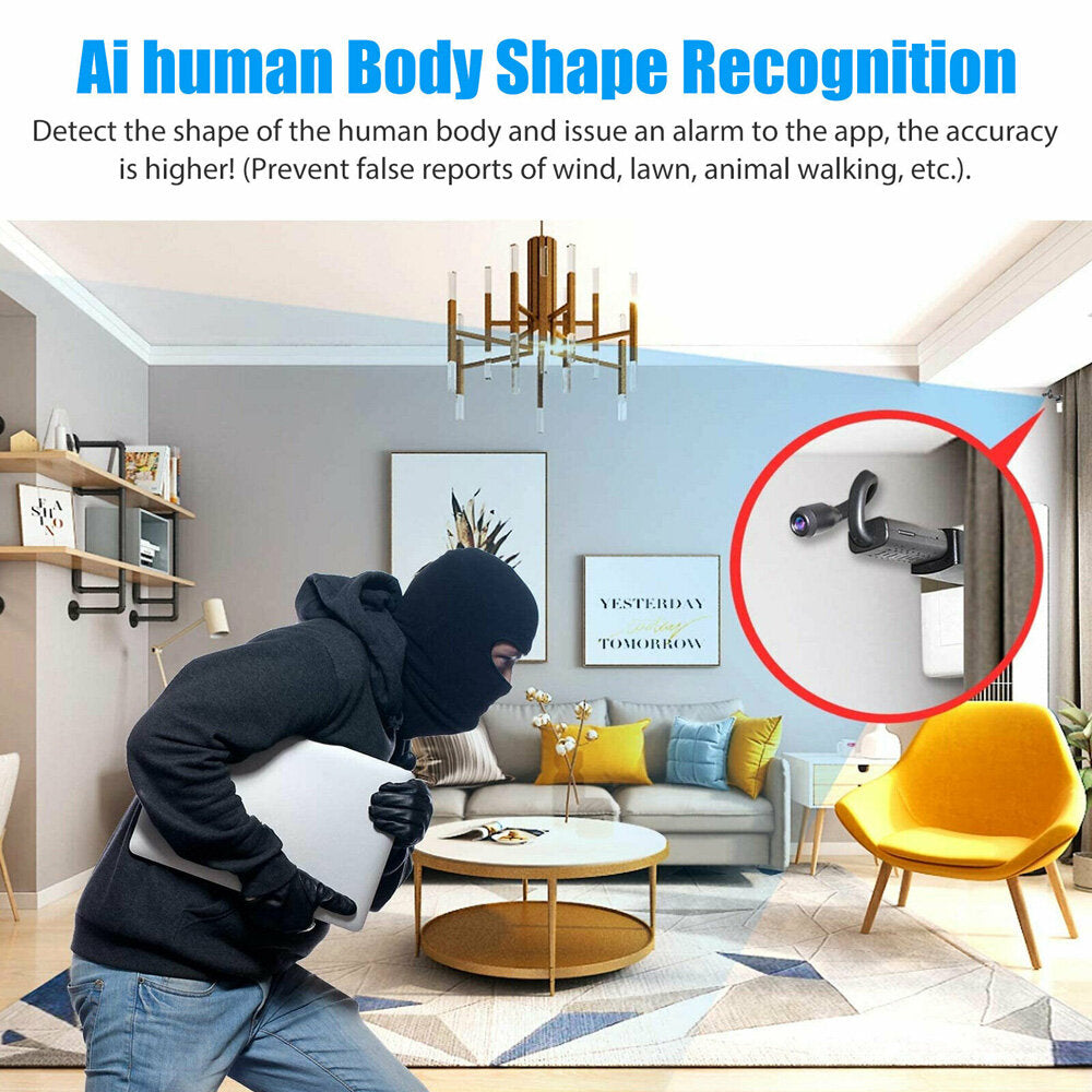 1080P WiFi Mini IP Camera with AI Human Detection, 140 Degree Wide Angle, 128G SD Card, Cloud Storage, Home Security CCTV