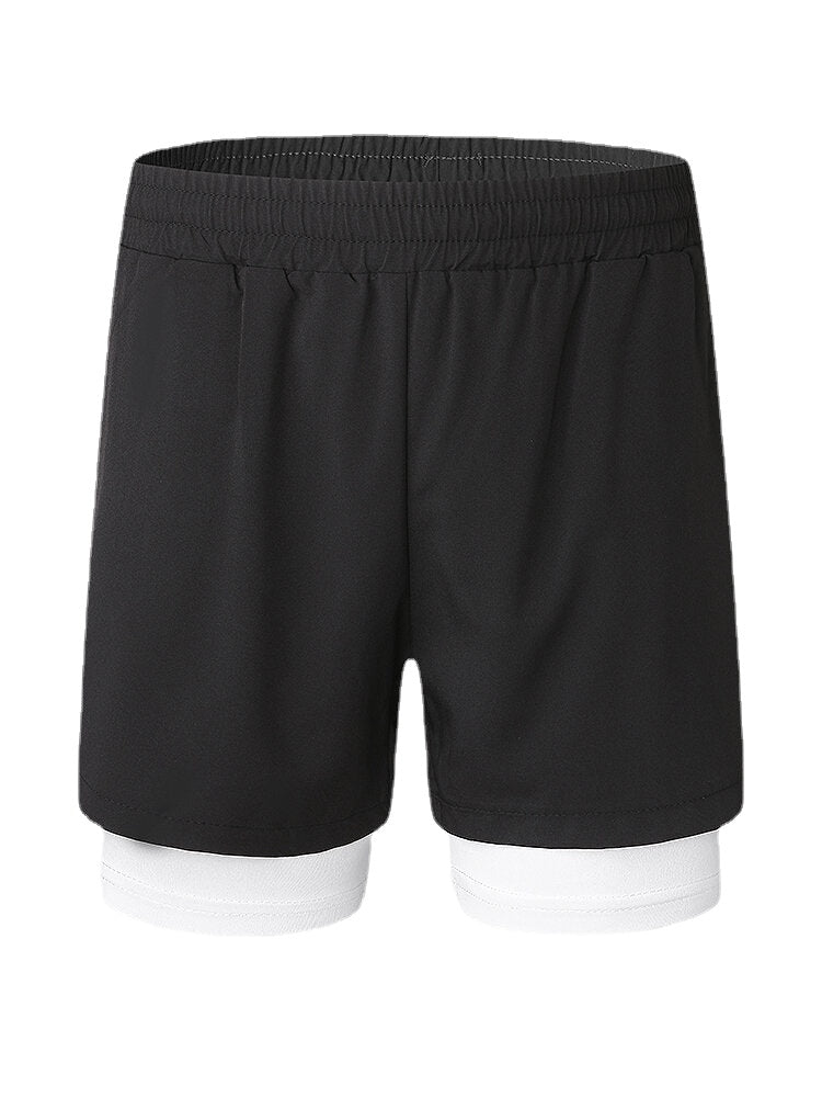 Men's Quick Dry Double Layered Sports Running Board Shorts - Solid Color, Stretch, Casual