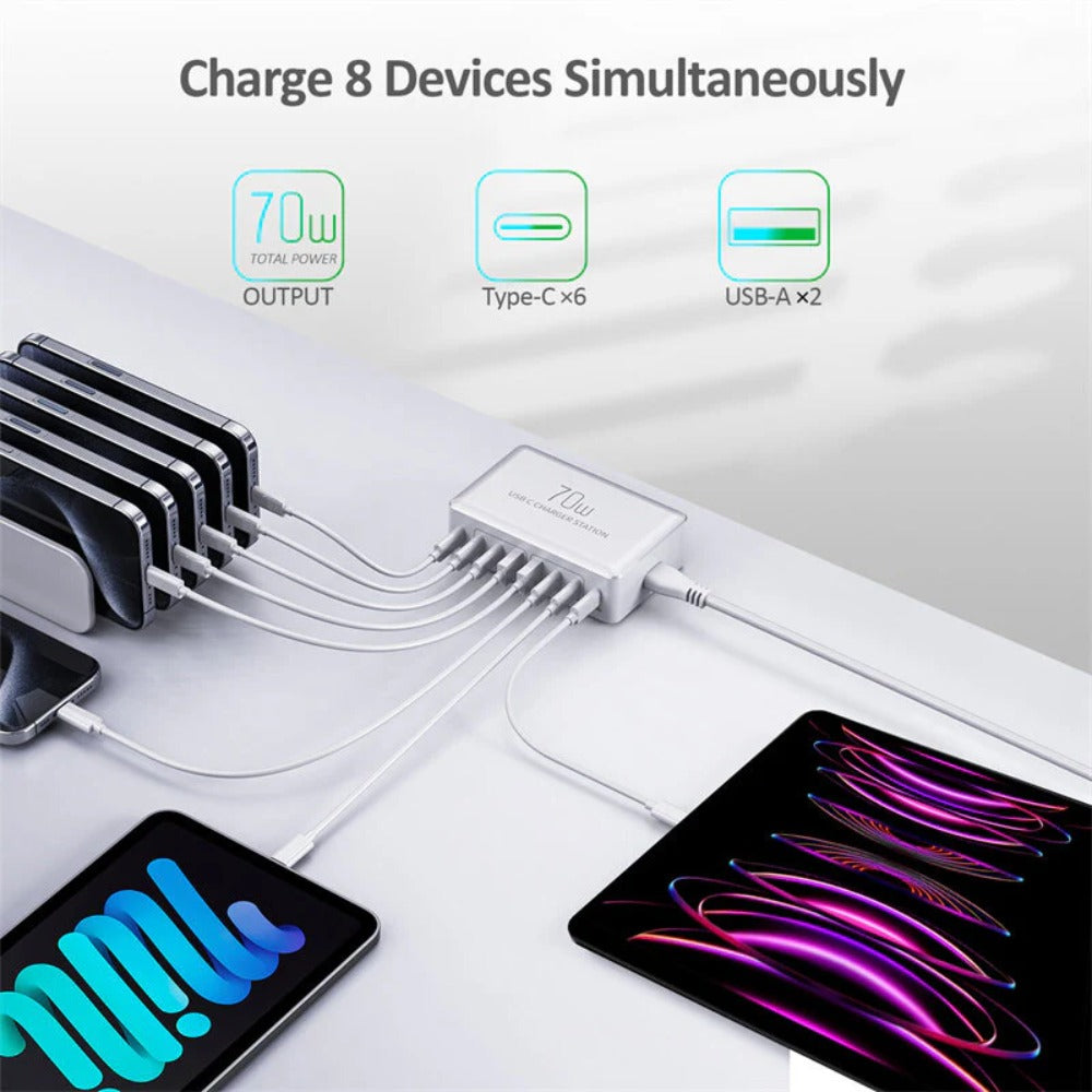 70W 8-Port USB PD Charger: 2 USB-A & 6 USB-C Fast Charging Station for iPhone, Huawei, Xiaomi, Samsung