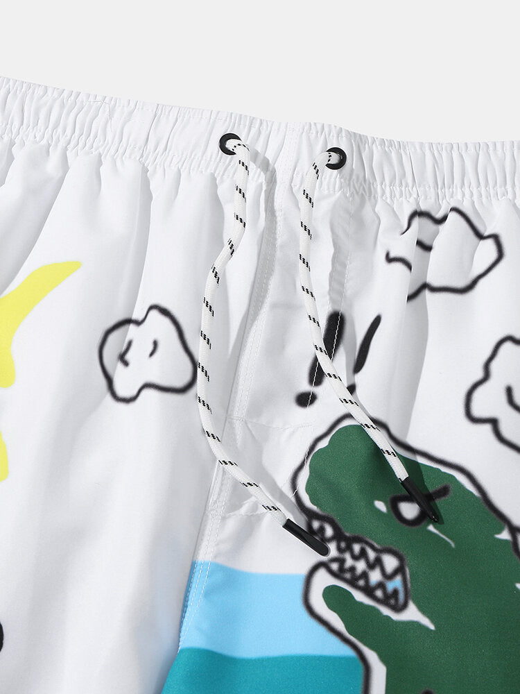 Atmungsaktive Strand-Boardshorts für Herren mit Cartoon-Graffiti-Print und Netzfutter – lockere Passform, dünn, Urlaubskleidung