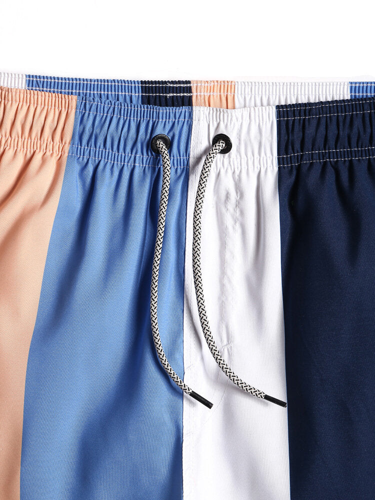 Schnelltrocknende Strandshorts für Herren mit Farbblock-Streifen, Kordelzug und Tasche