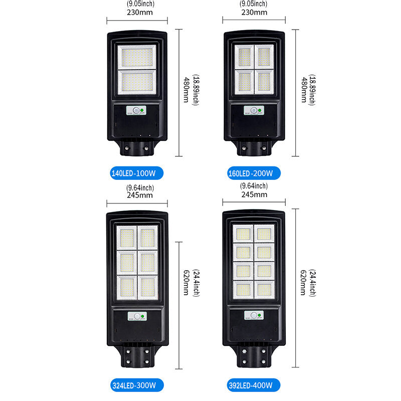 100-400W LED Solar Street Light with PIR Motion Sensor, Remote Control, and 140-392 LEDs for Home