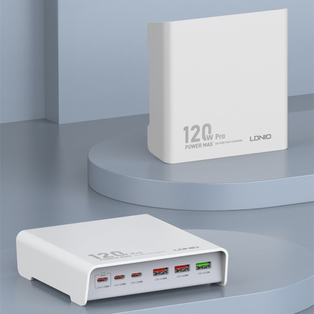 120W 6-Port USB-Ladegerät: 3 USB-A &amp; 3 USB-C Schnellladestation für iPhone, Huawei, Samsung, Xiaomi