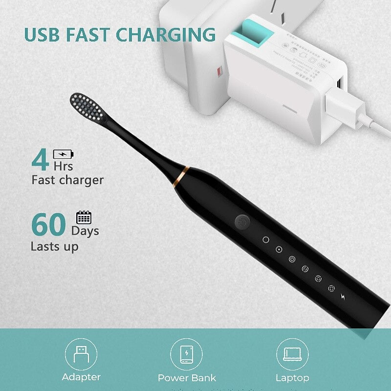 Adult Sonic Electric Toothbrush - 4 Heads, 60-Day Battery, 6 Modes, IPX7 Waterproof, Timer