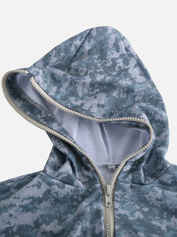 Men's Gray Camo Thermal Hooded Loungewear Jumpsuit with Pockets - Zip Down, Loose Fit Pajamas
