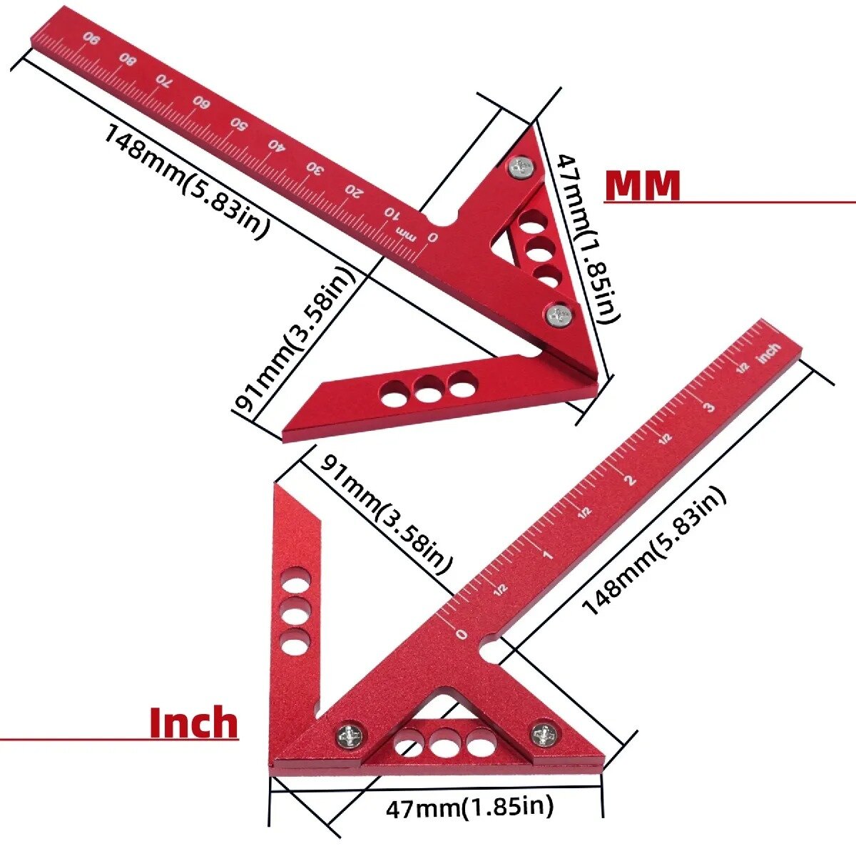 Aluminum Center Finder - 45/90 Degree Woodworking Square & Carpenter Ruler