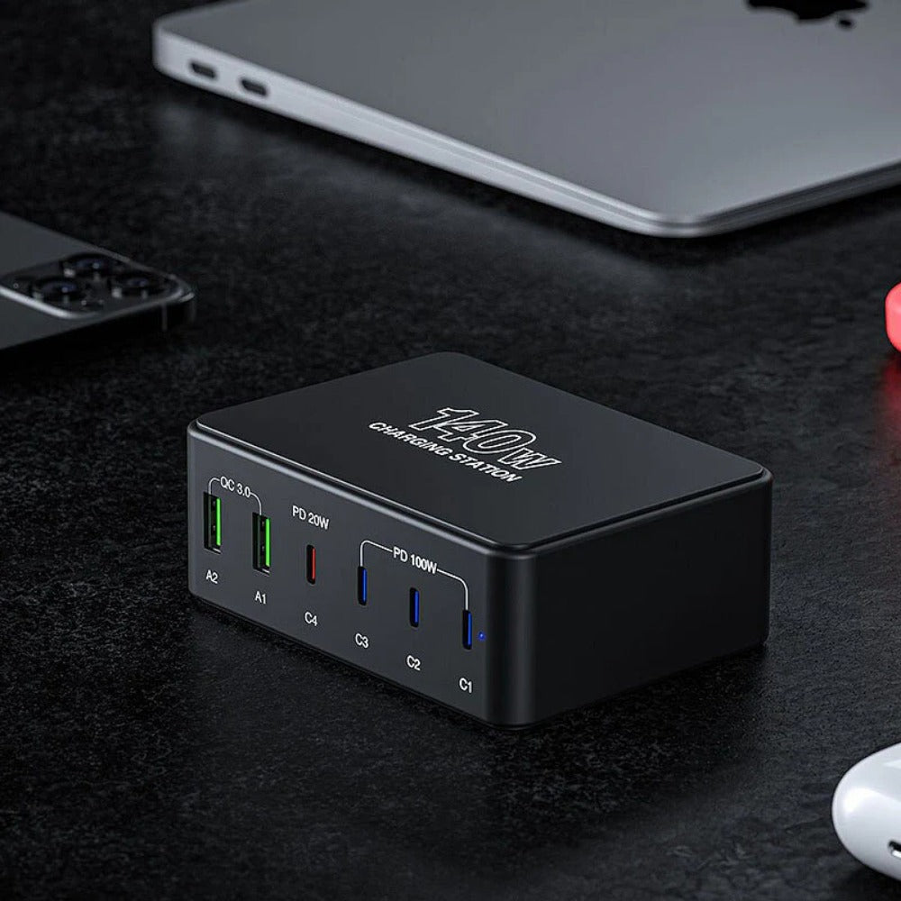 140W 6-Port USB PD Charger: Fast Charging Station with 2 USB-A & 4 USB-C Ports for iPhone, Huawei, Samsung, Xiaomi