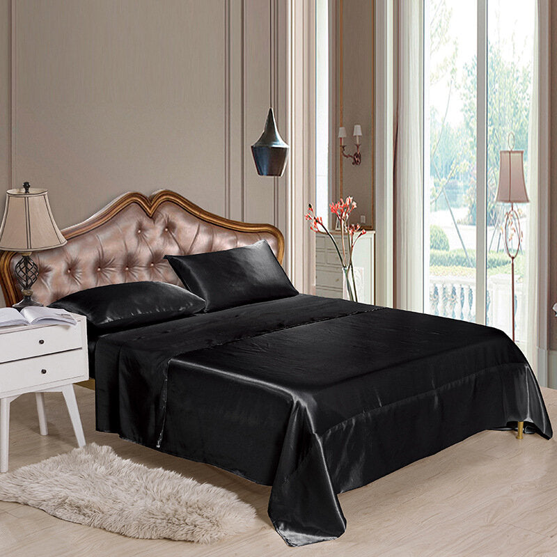 Seidenähnliches, weiches Satin-Spannbettlaken-Set – 4-teiliges einfarbiges Bettwäsche-Tagesdecken-Set