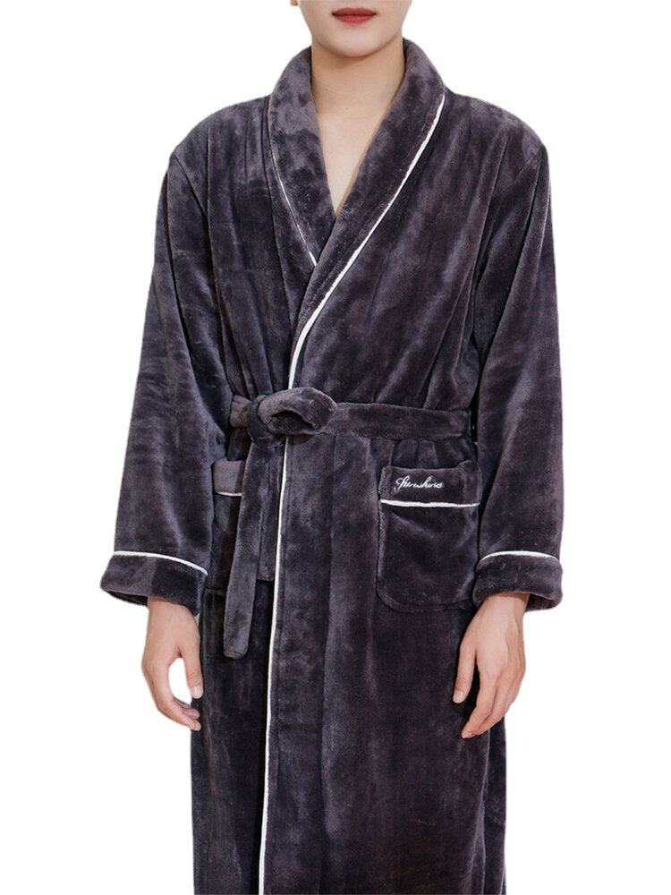 Men's Flannel Lapel Robe with Double Pockets, Belt, and Contrast Binding - Warm and Stylish